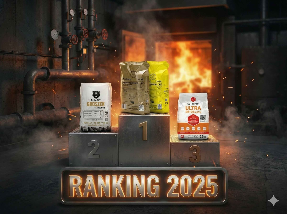 Grafika przedstawiająca ranking węgla groszek (ekogroszku) na 2025 rok. Na podium stoją worki z węglem Sztygar Ultra, Jowisz Plus i Grizzly Premium, wyróżnione odznakami za najlepszy stosunek ceny do jakości.